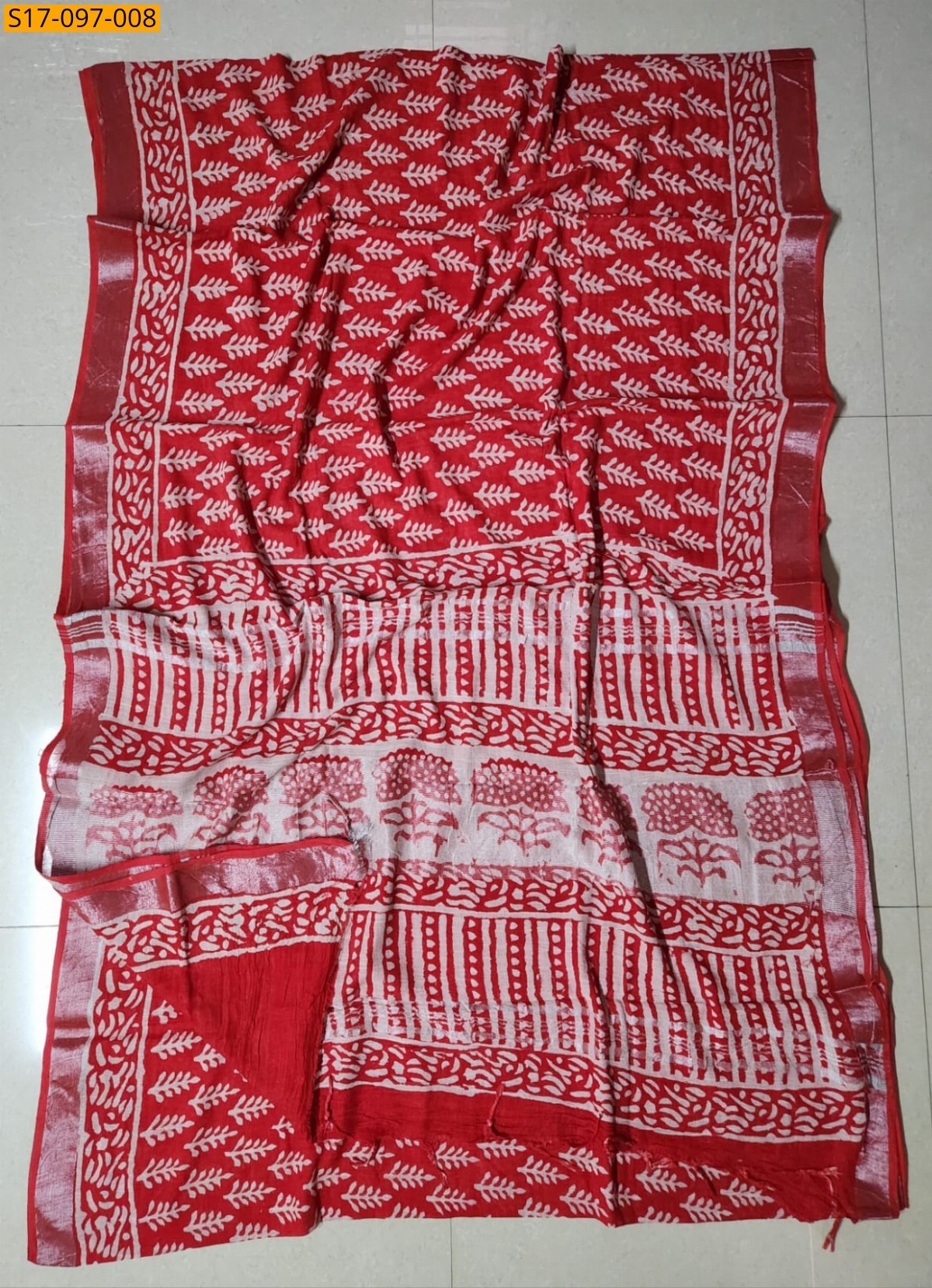 Red Handblock print linen cotton saree