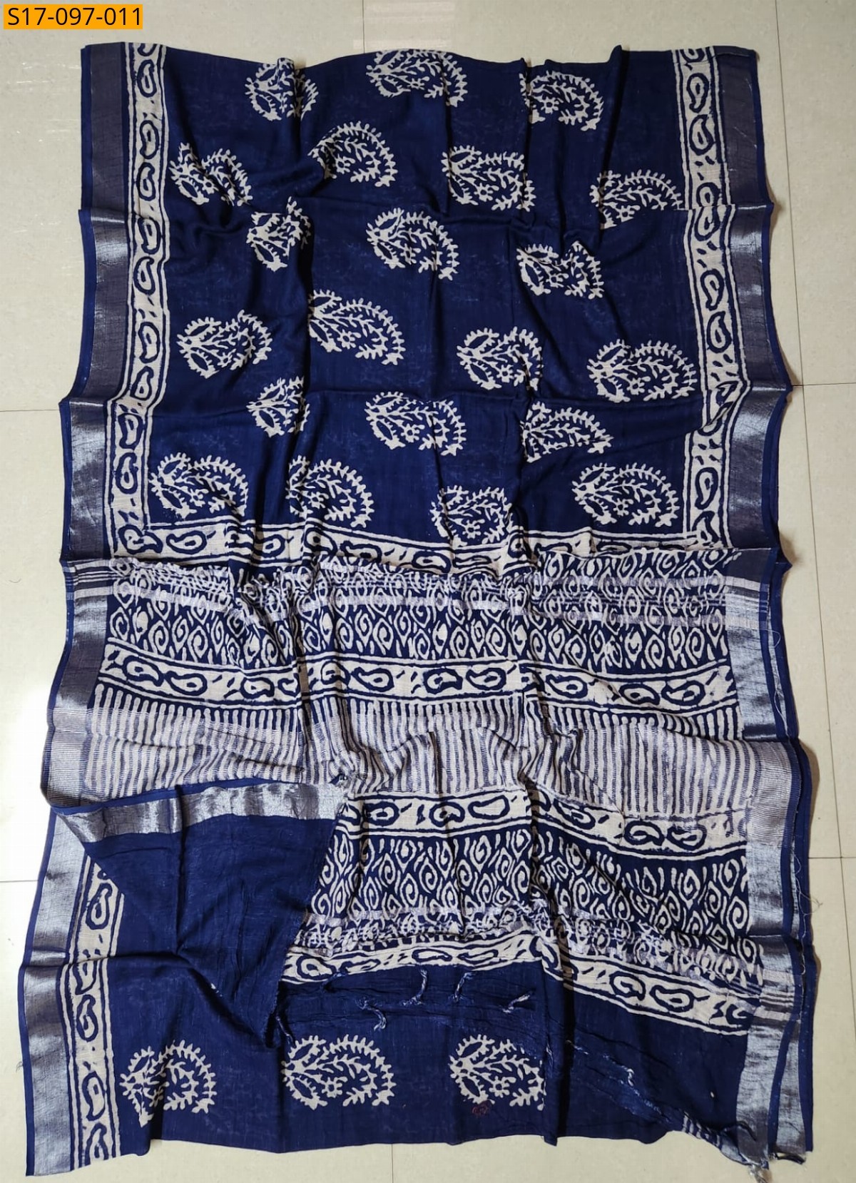 Navy Blue Handblock print linen cotton saree