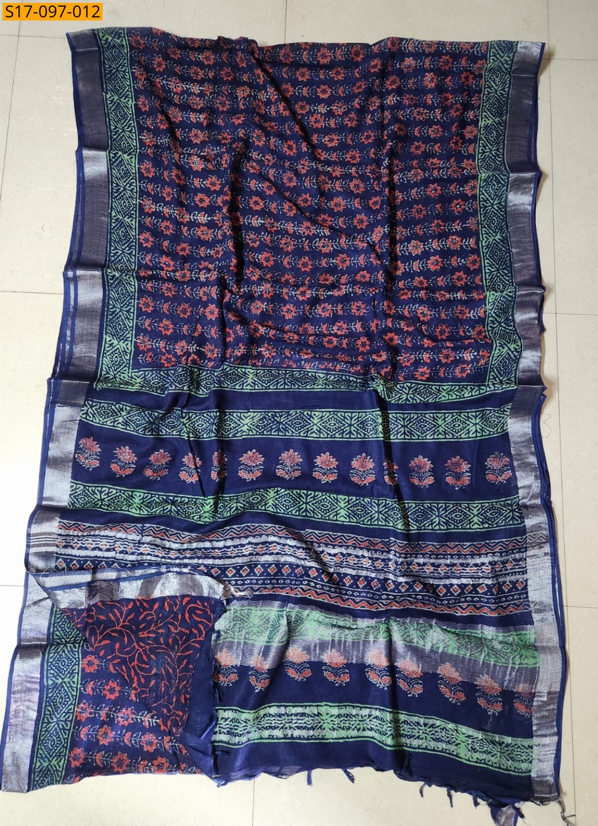 Handblock print linen cotton saree