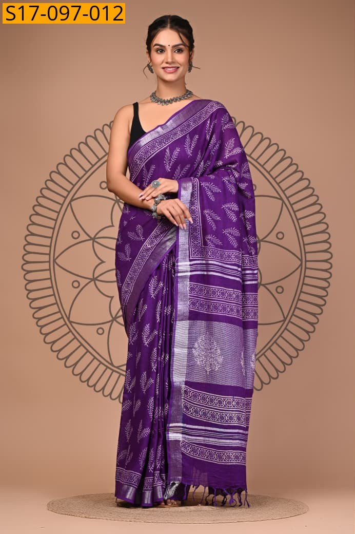 Violet Handblock print linen cotton sarees