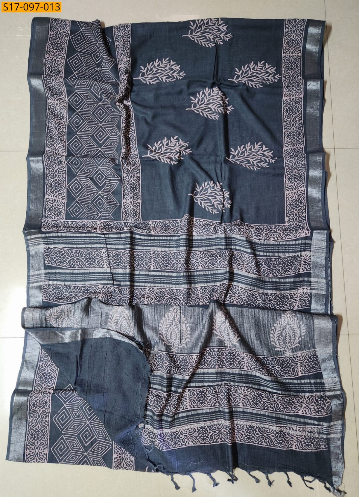 Handblock print linen cotton saree
