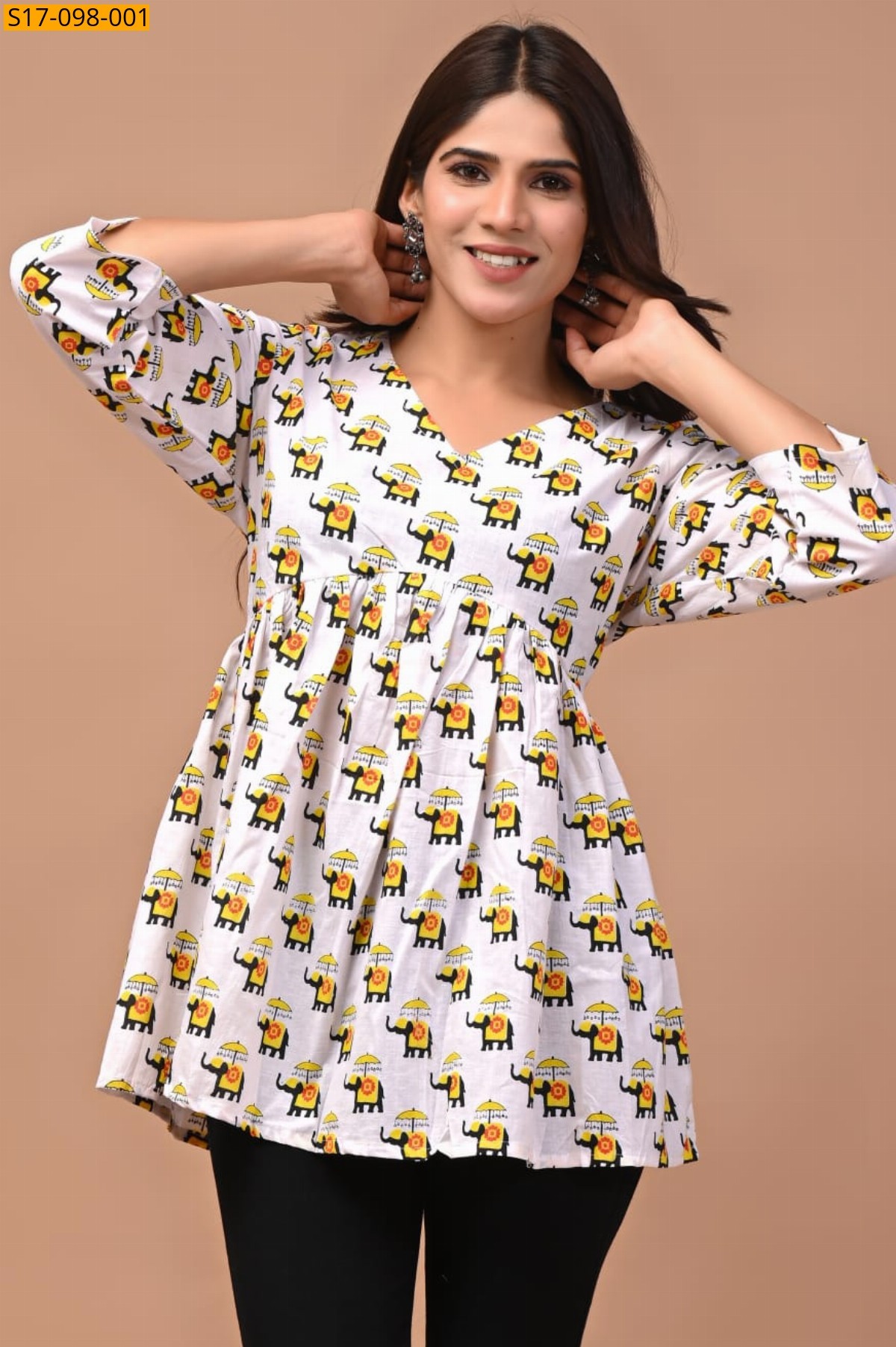 White Cotton Aliya Cut Printed Short Kurti