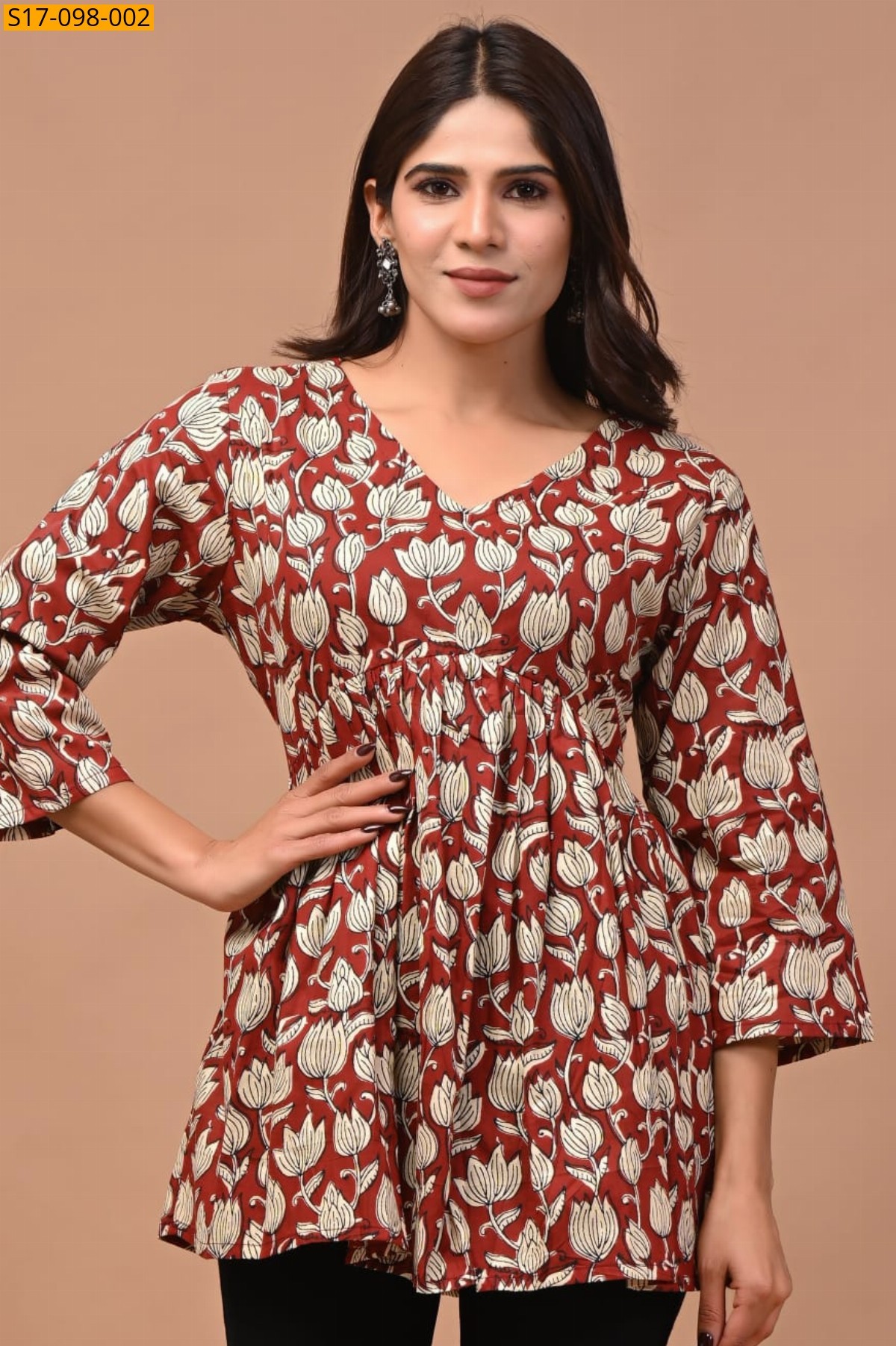 Maroon Cotton Aliya Cut Printed Short Kurti