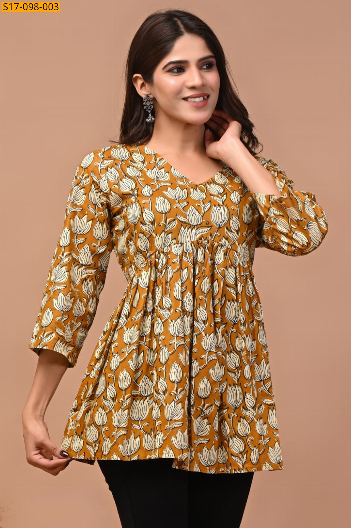 Cotton Aliya Cut Printed Short Kurti - Mustard