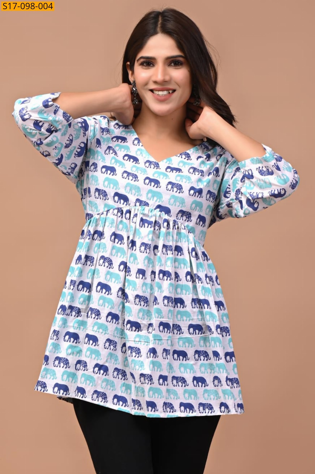 Light Blue Cotton Aliya Cut Printed Short Kurti