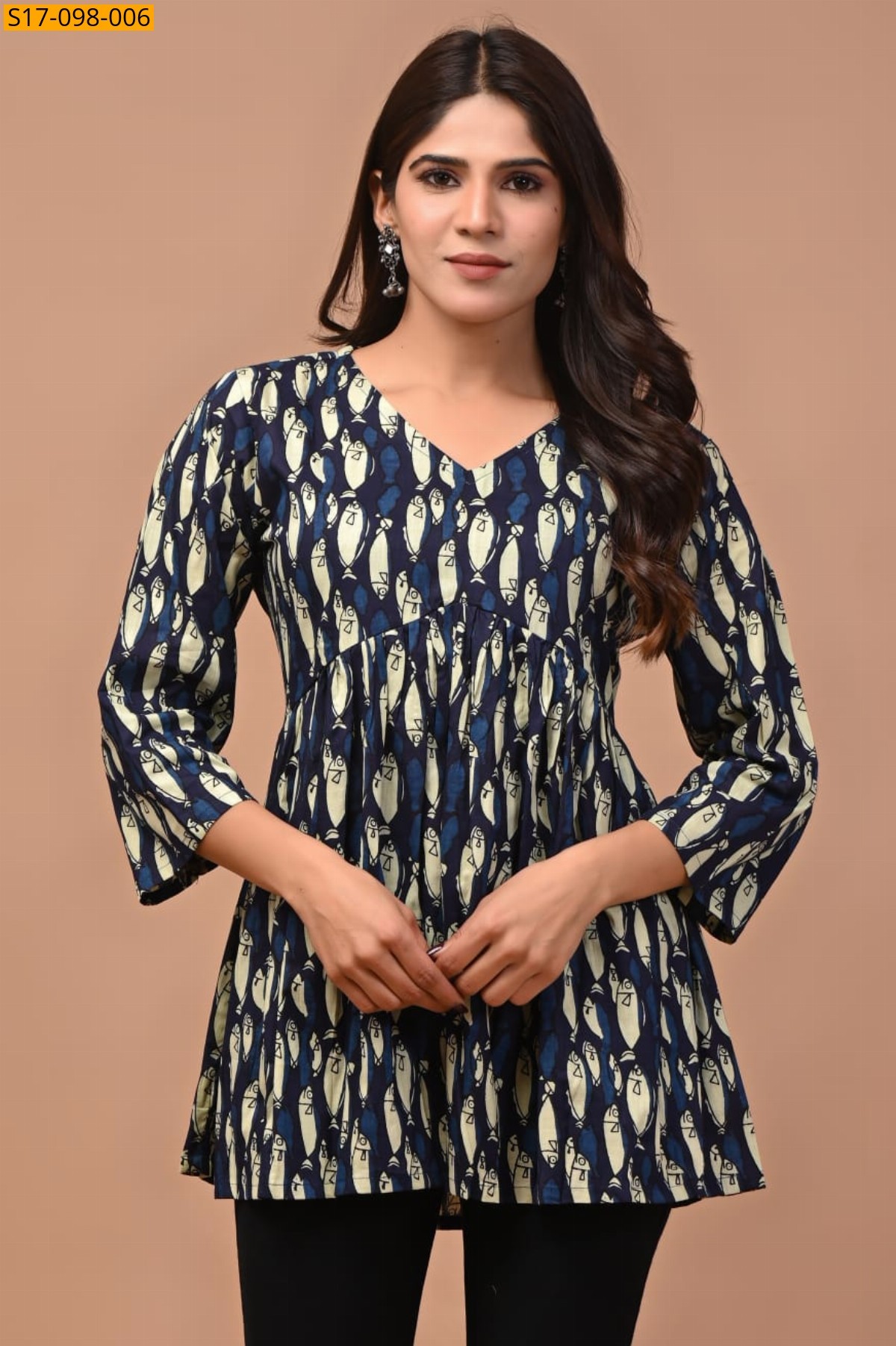 Blue Cotton Aliya Cut Printed Short Kurti