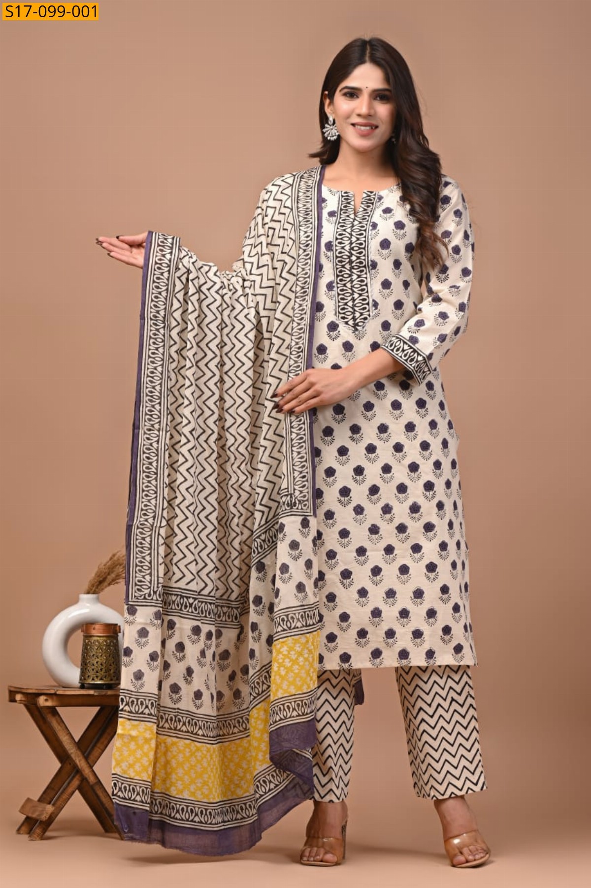 Half White Hand block printed designer Cotton kurti Pant Dupatta Set