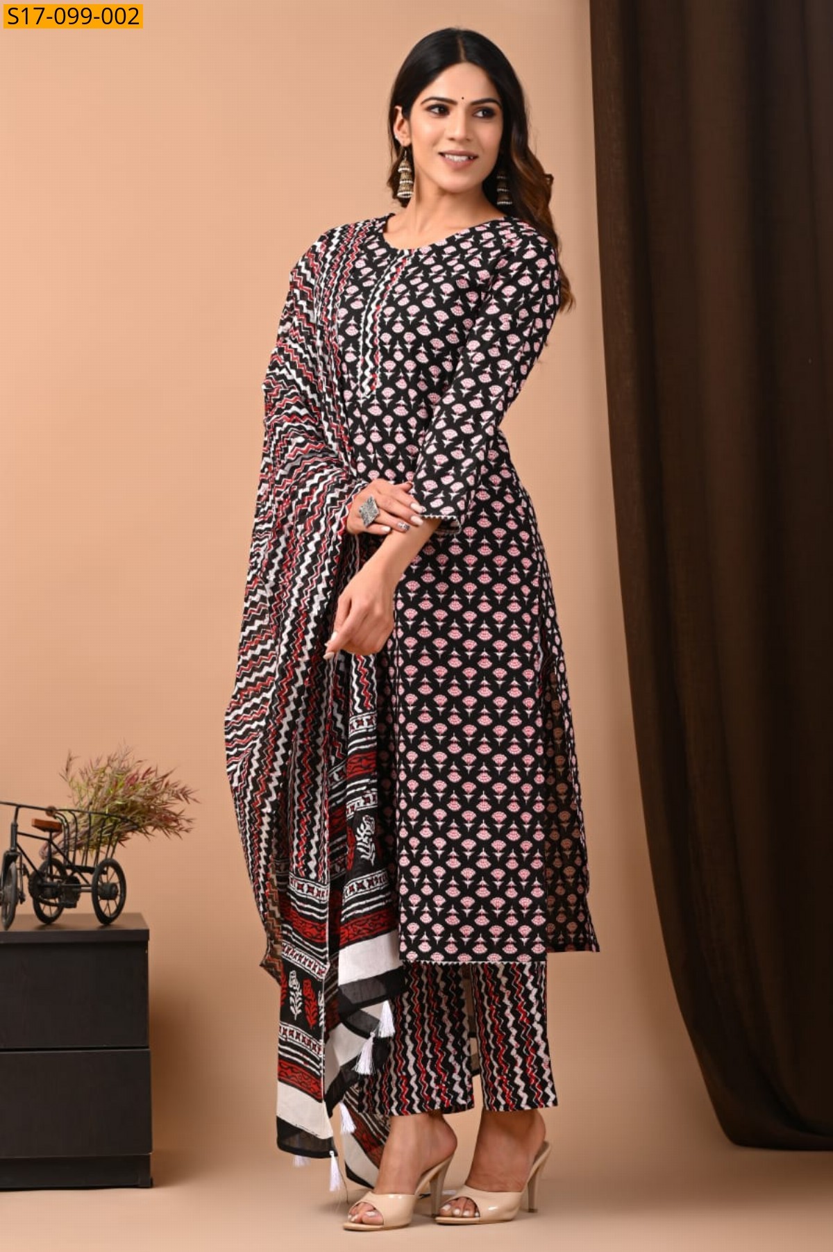 Black Hand block printed designer Cotton kurti Pant Dupatta Set