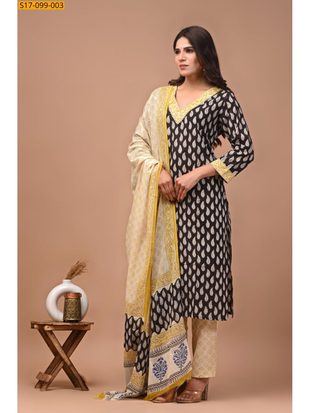 Hand block printed designer Cotton kurti Pant Dupatta Set