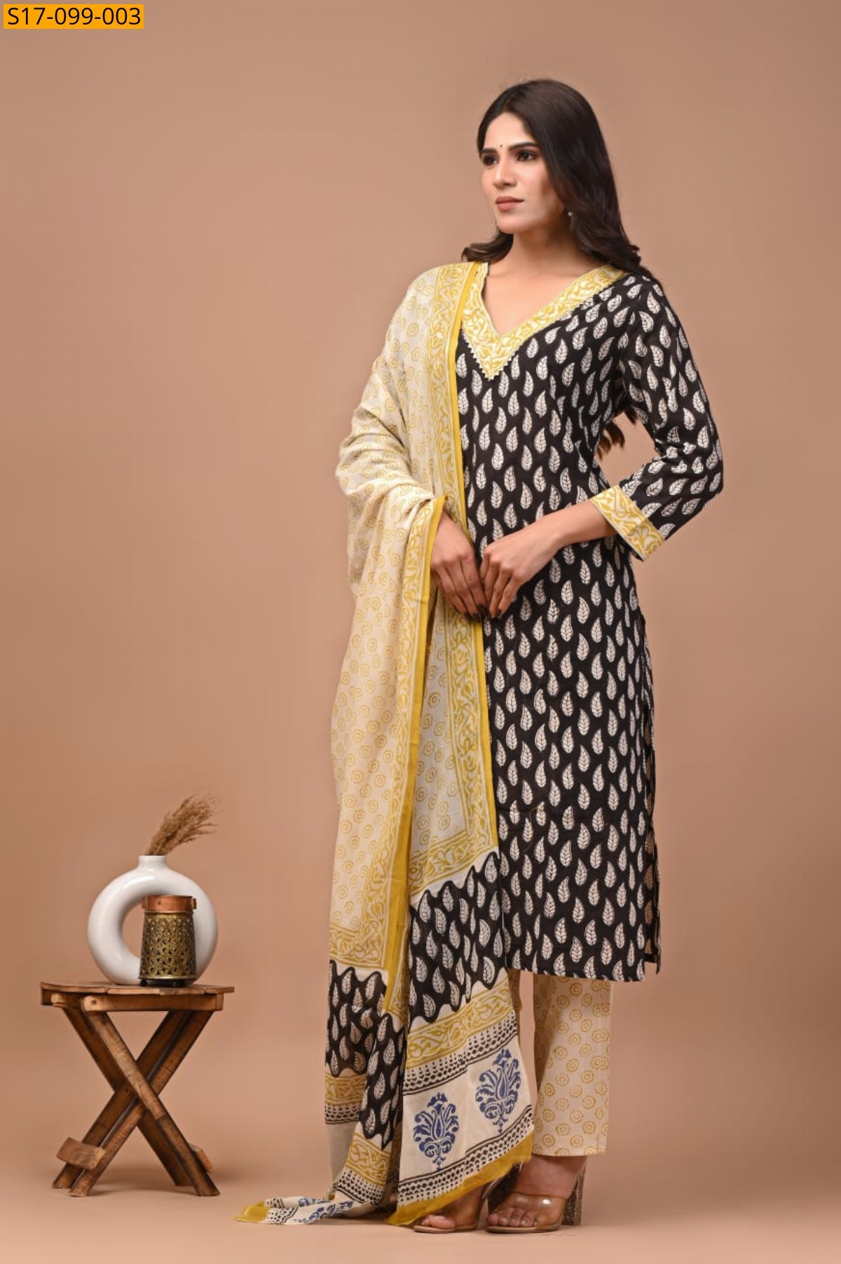 Hand block printed designer Cotton kurti Pant Dupatta Set - Black