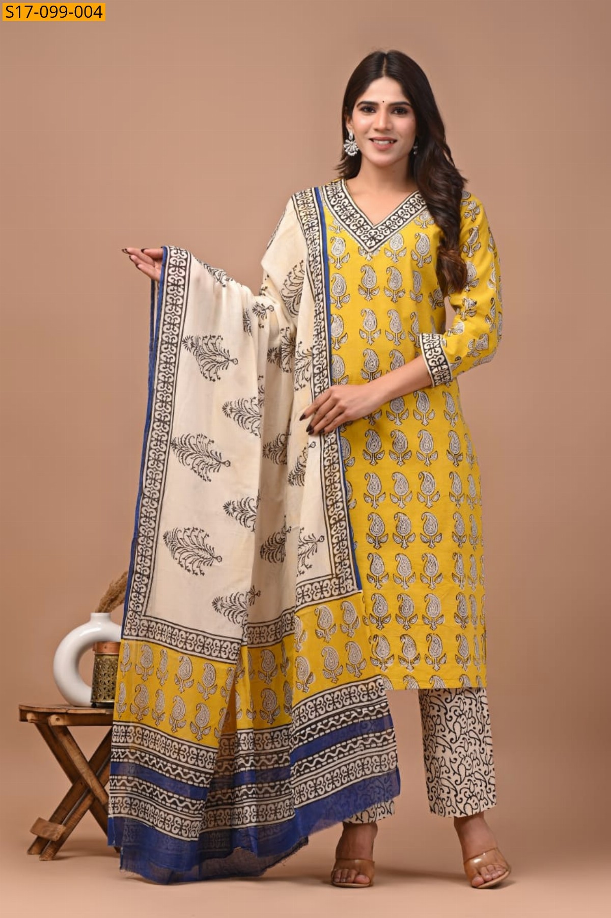 Yellow Hand block printed designer Cotton kurti Pant Dupatta Set