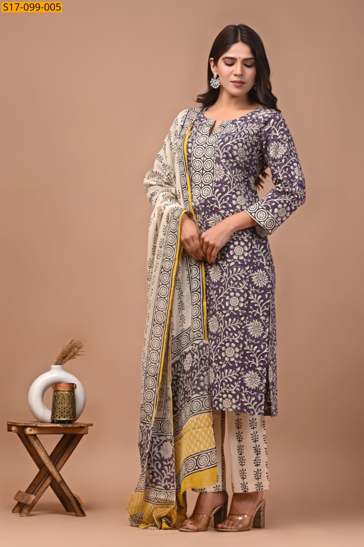 OnionPink Hand block printed designer Cotton kurti Pant Dupatta Set