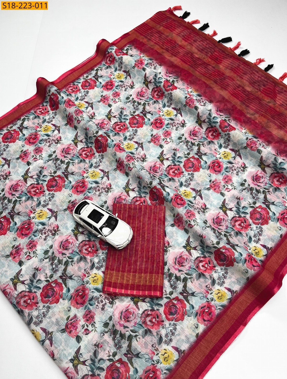 Red Fancy linen  sarees