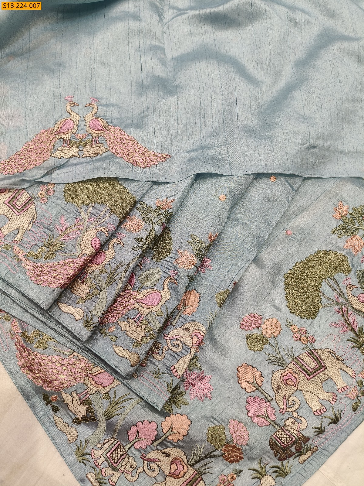 Sky Blue Tussar silk embroidery sarees