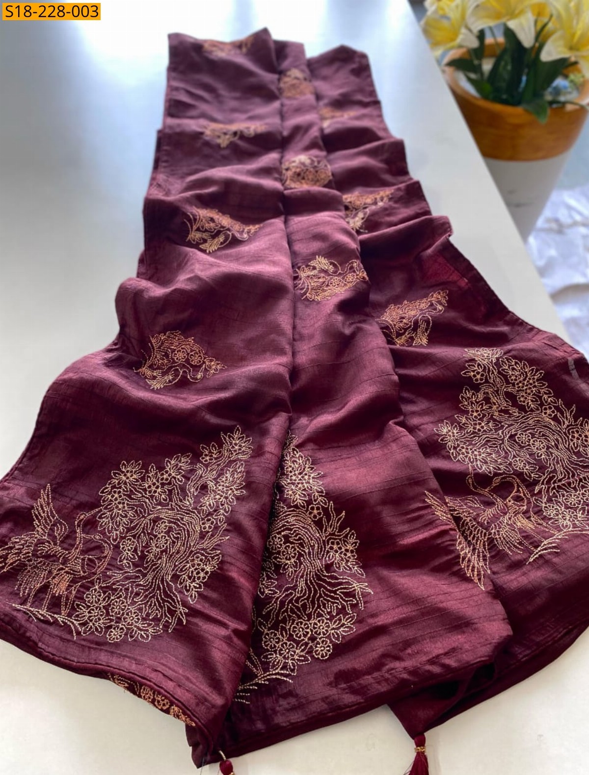 Wine Fancy Soft Silk Embroidery Saree