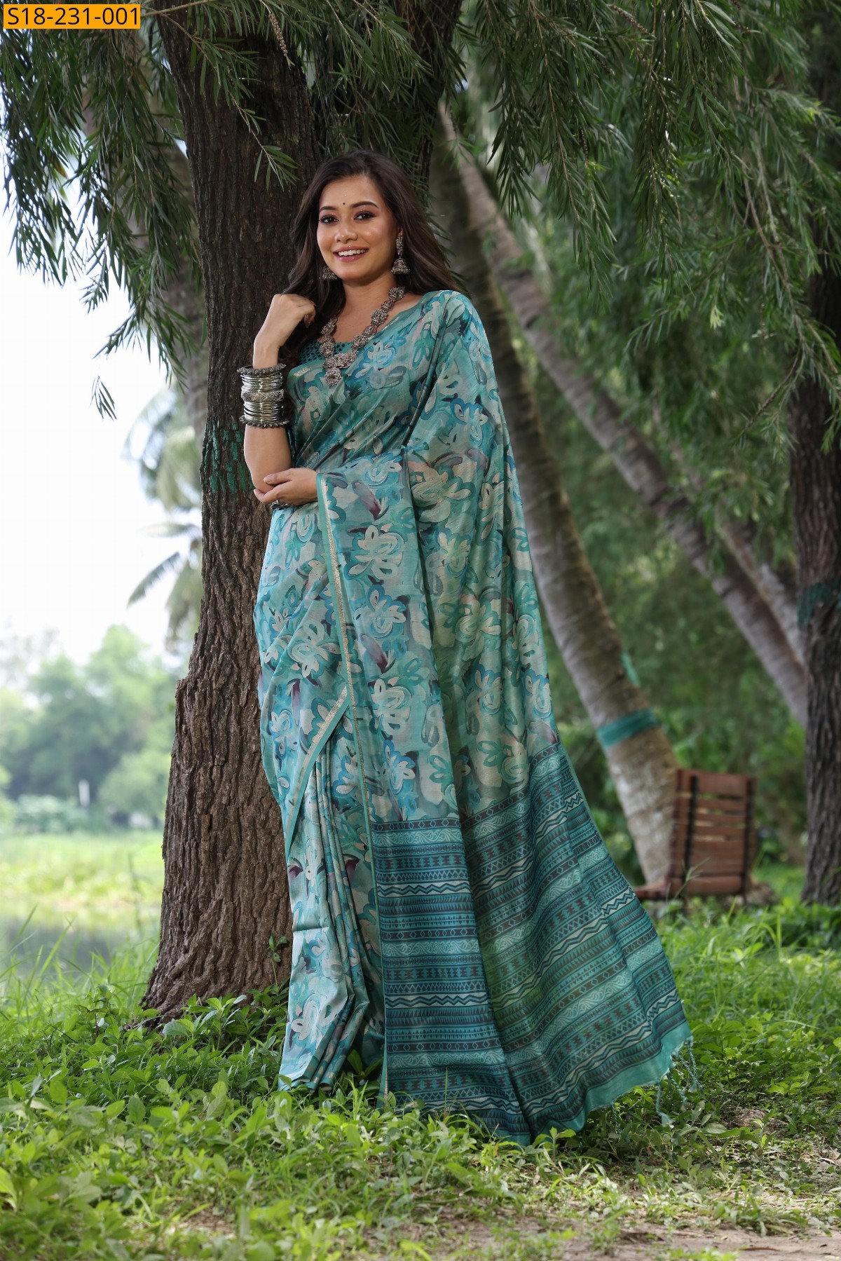 Rama Blue Tussar silk unique printed sarees