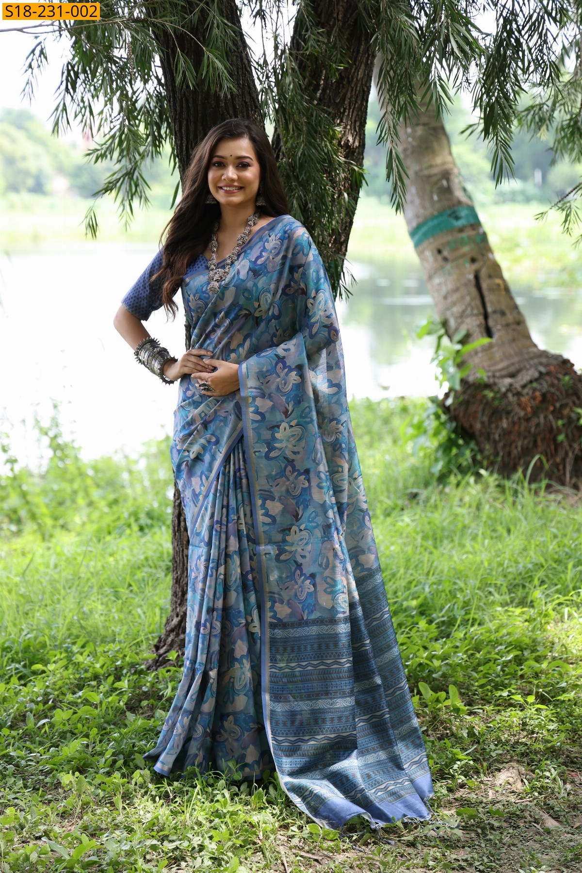Blue Tussar silk unique printed sarees