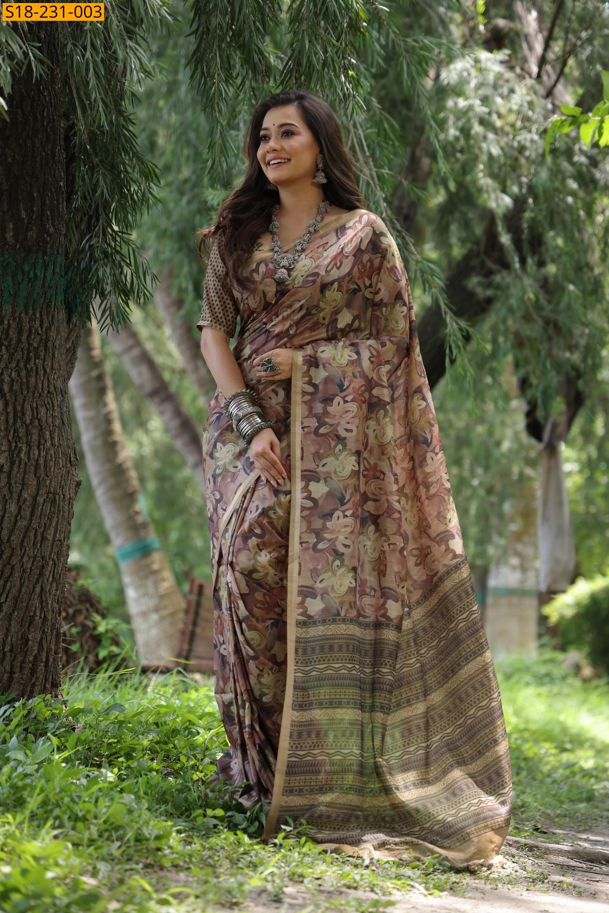 Brown Tussar silk unique printed sarees