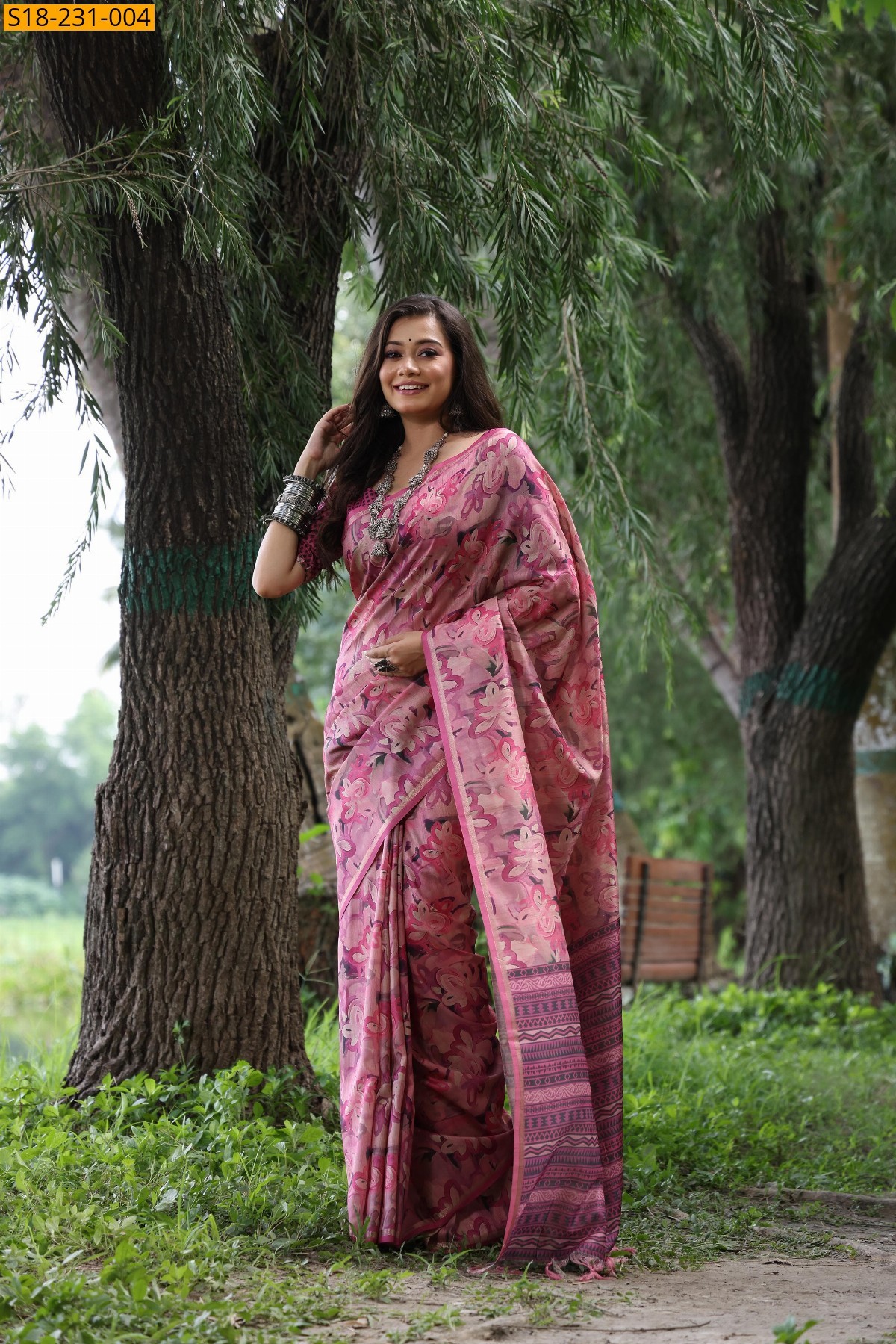 Pink Tussar silk unique printed sarees