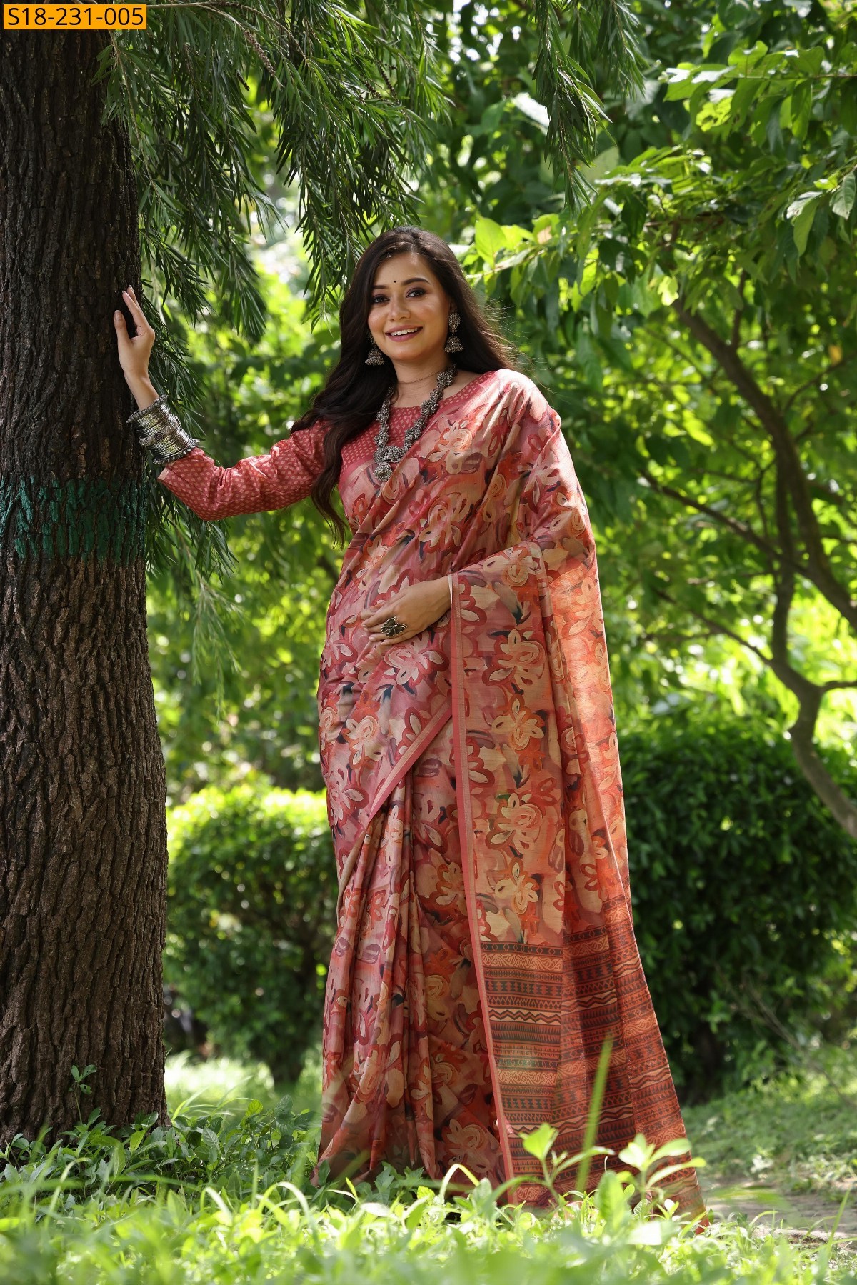 Orange Tussar silk unique printed sarees