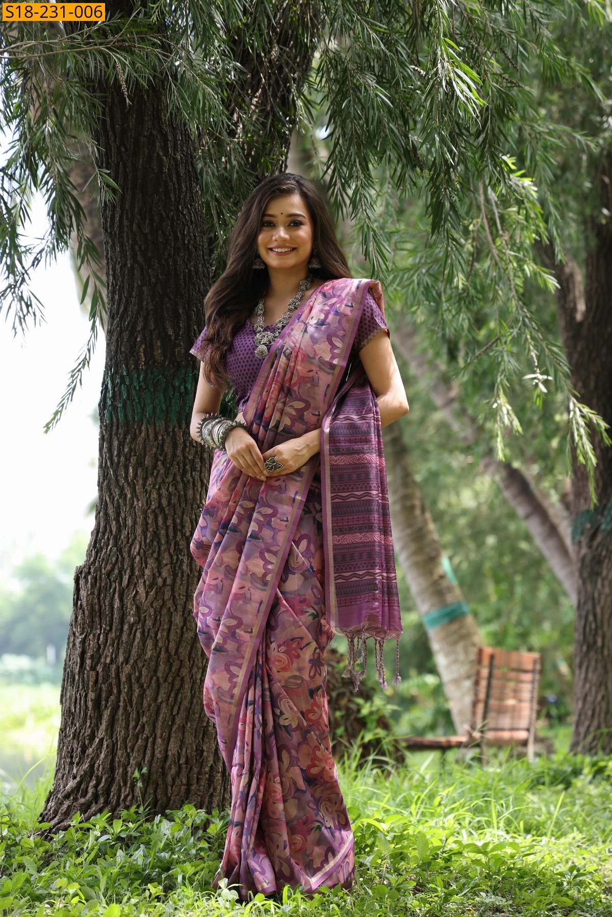 Pink Tussar silk unique printed sarees