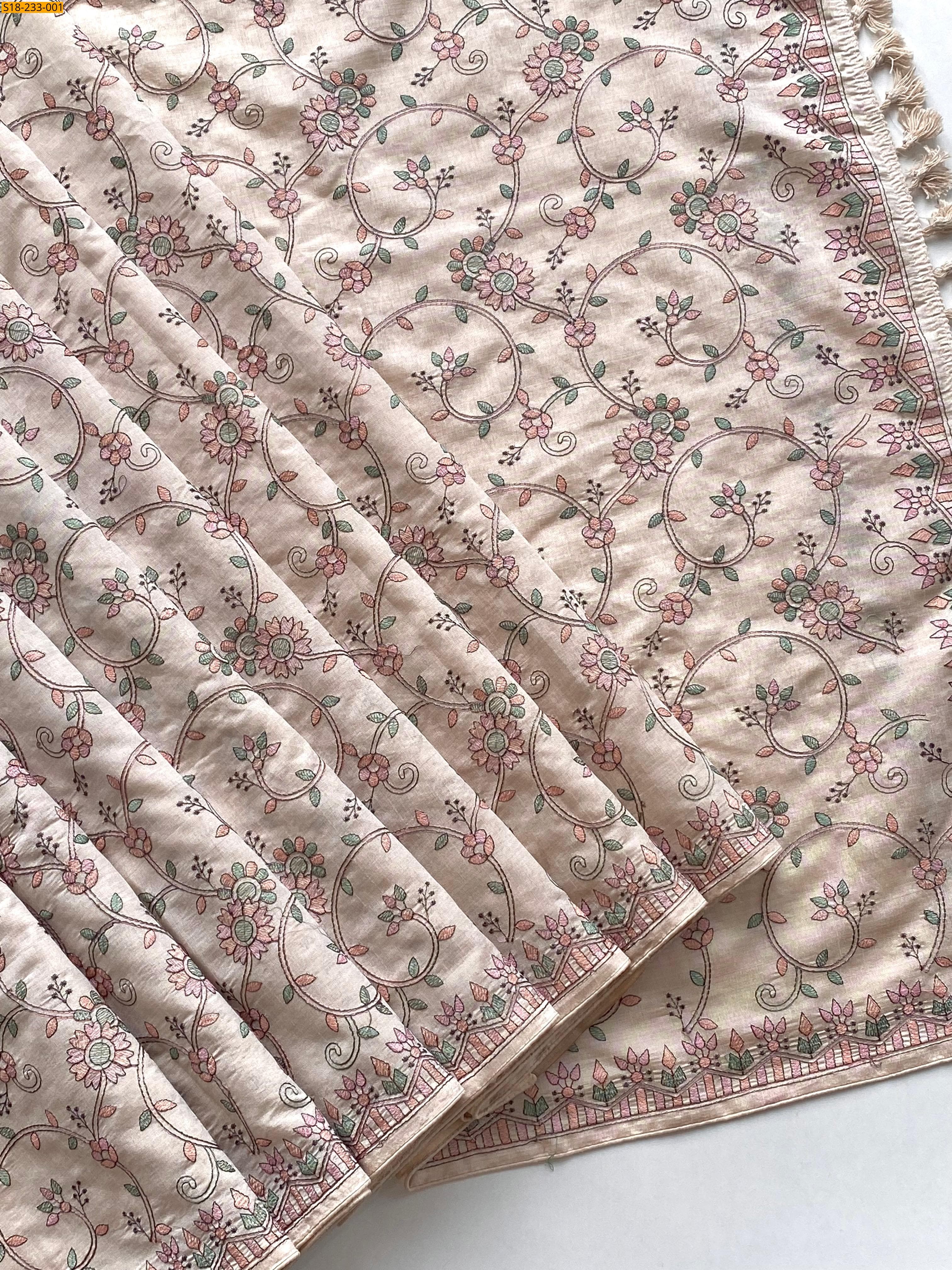 Beige Tussar silk embroidery sarees