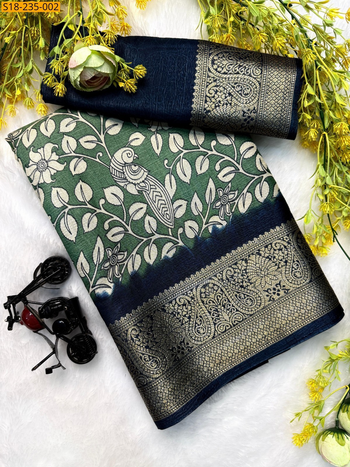 Green Fancy dola silk kalamkari printed sarees
