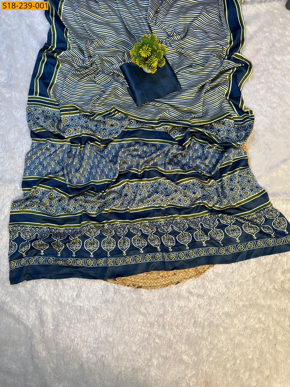 Blue Fancy satin silk printed sarees