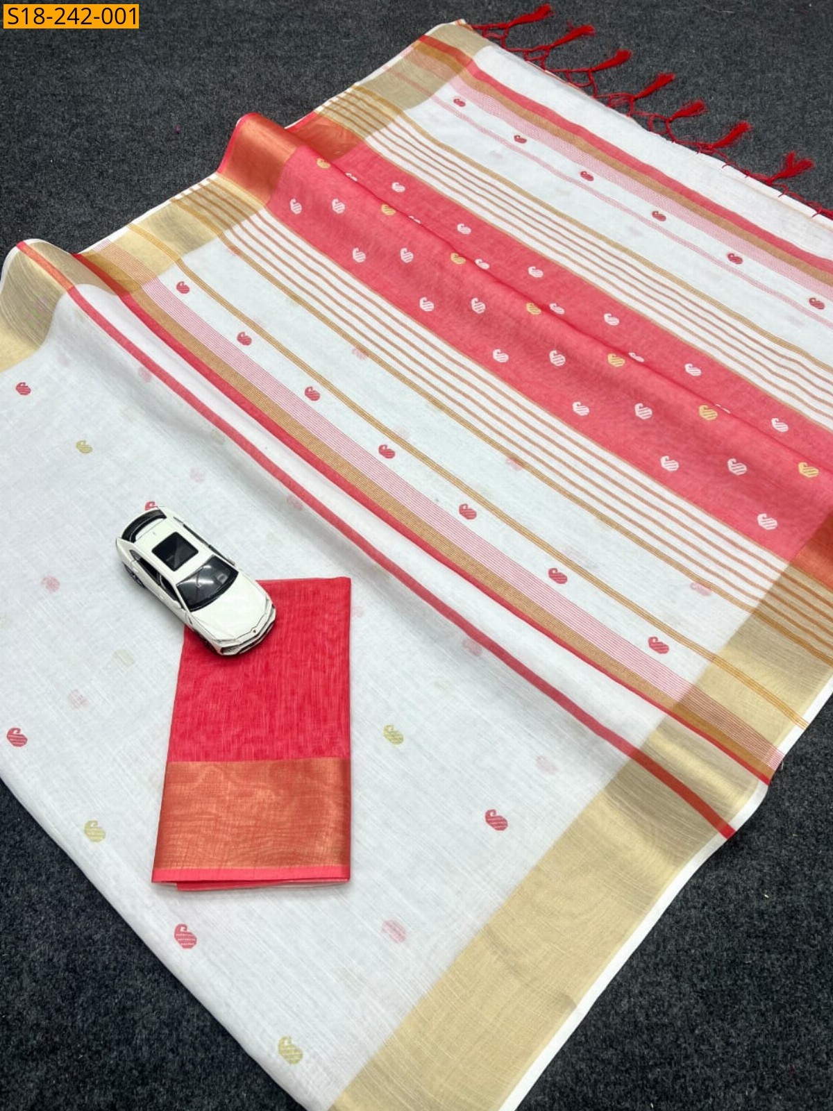 White with Red Linen printed sarees
