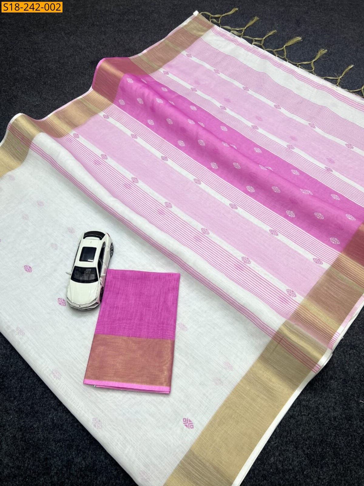 White with Pink Linen printed sarees