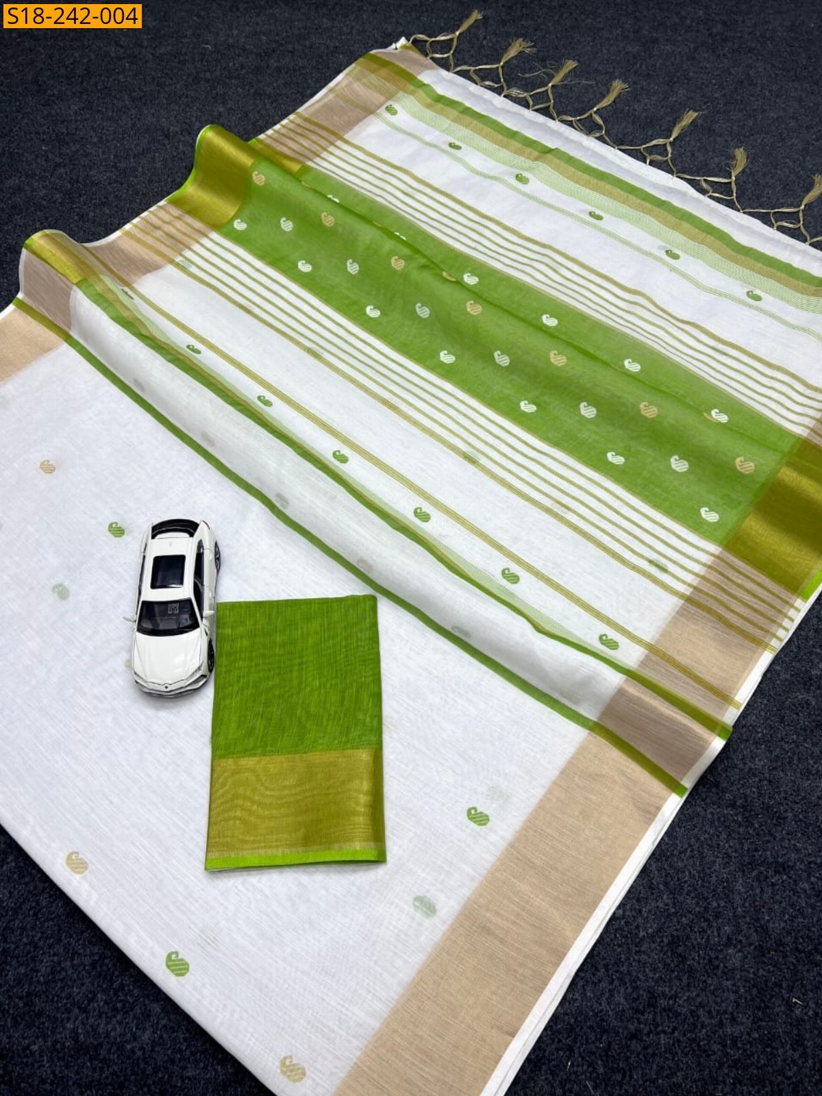 White with Green Linen printed sarees
