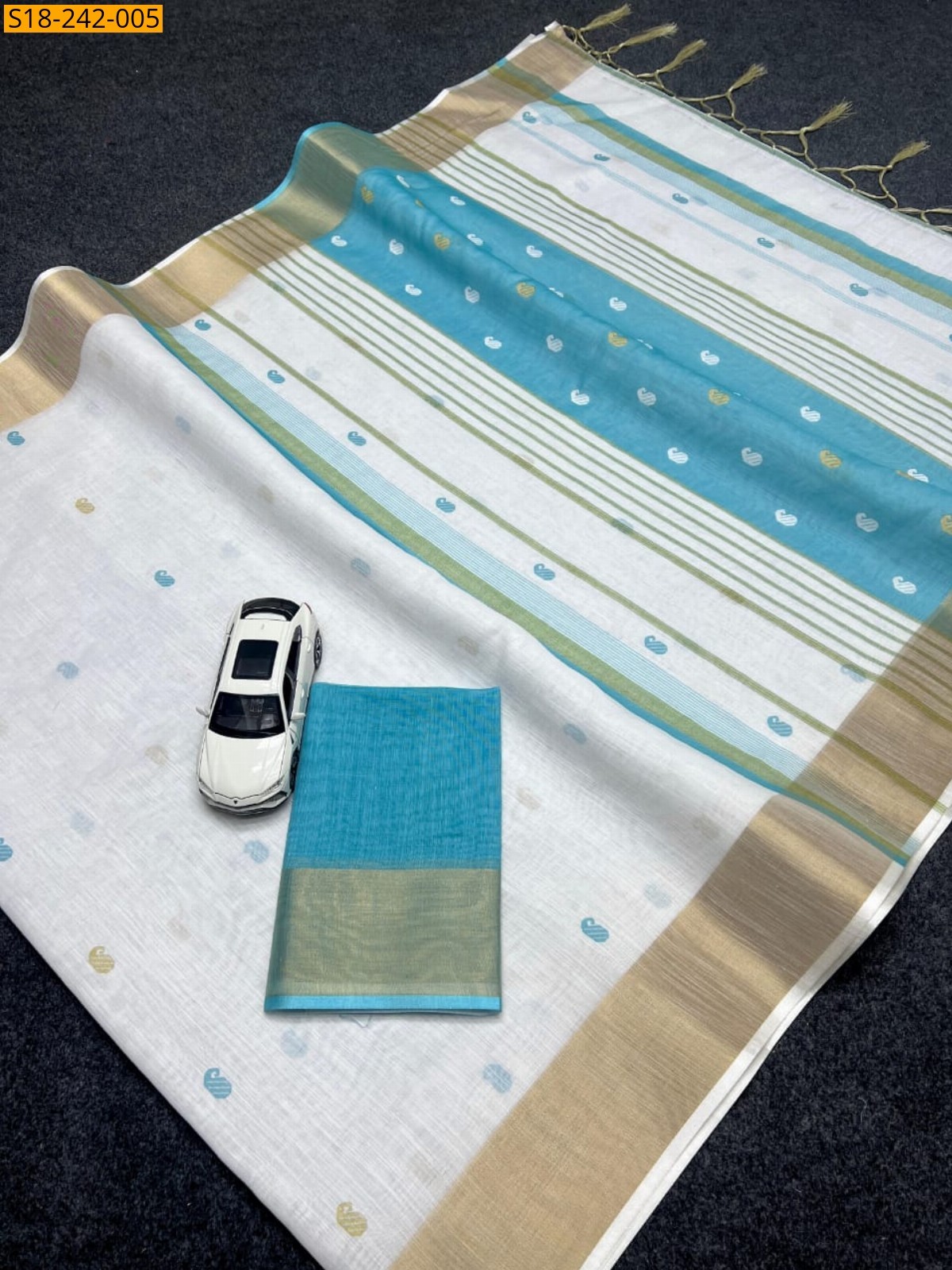 White With Sky Blue Linen printed sarees