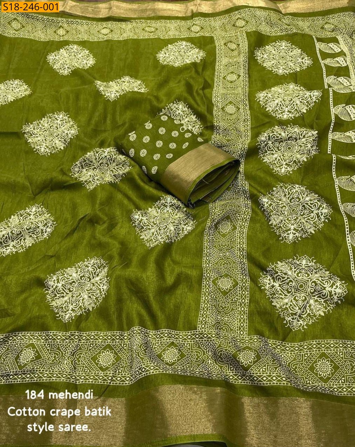 Green Fancy cotton batik printed sarees
