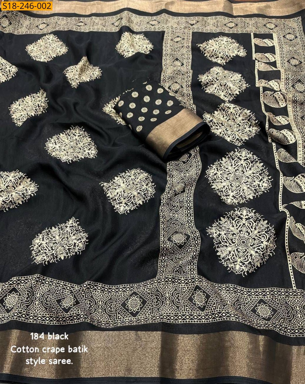 Black Fancy cotton batik printed sarees