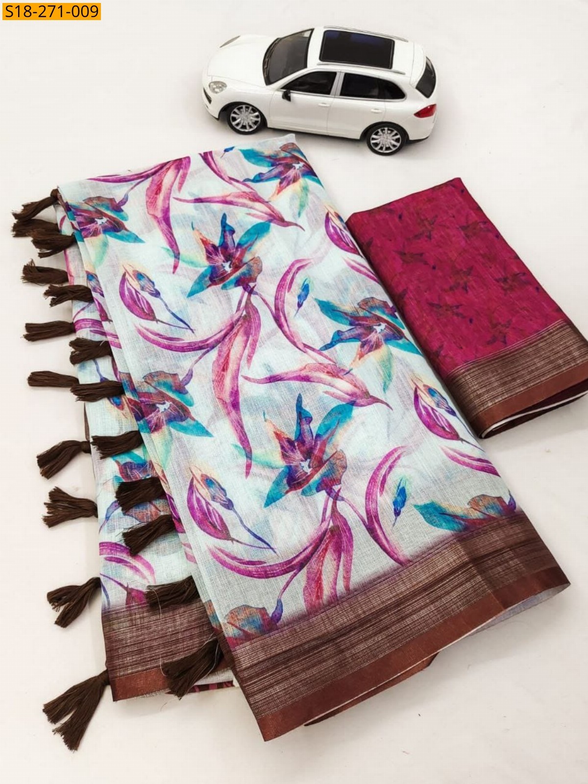 Half white Fancy Linen sarees