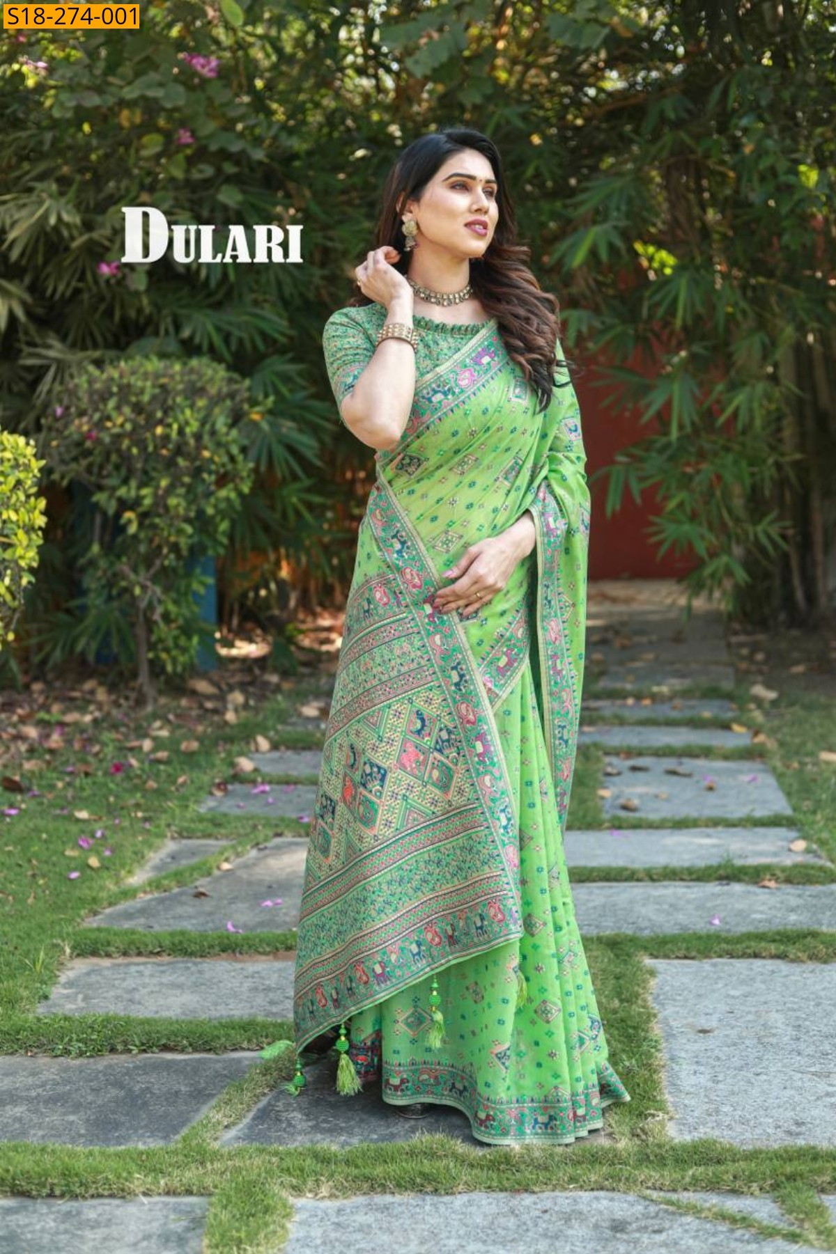 Green Pashmina cotton saree