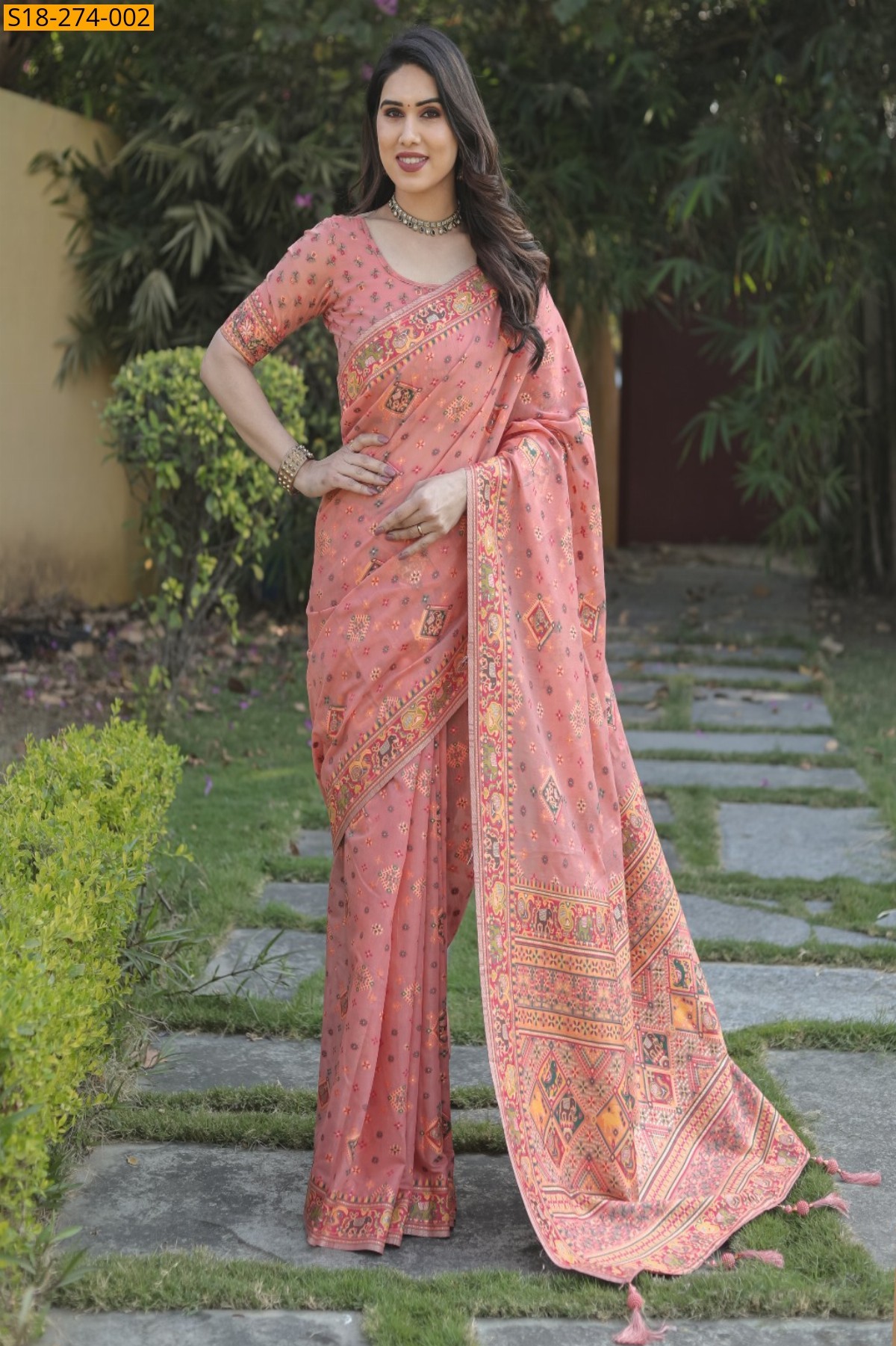 Peach Pashmina cotton saree