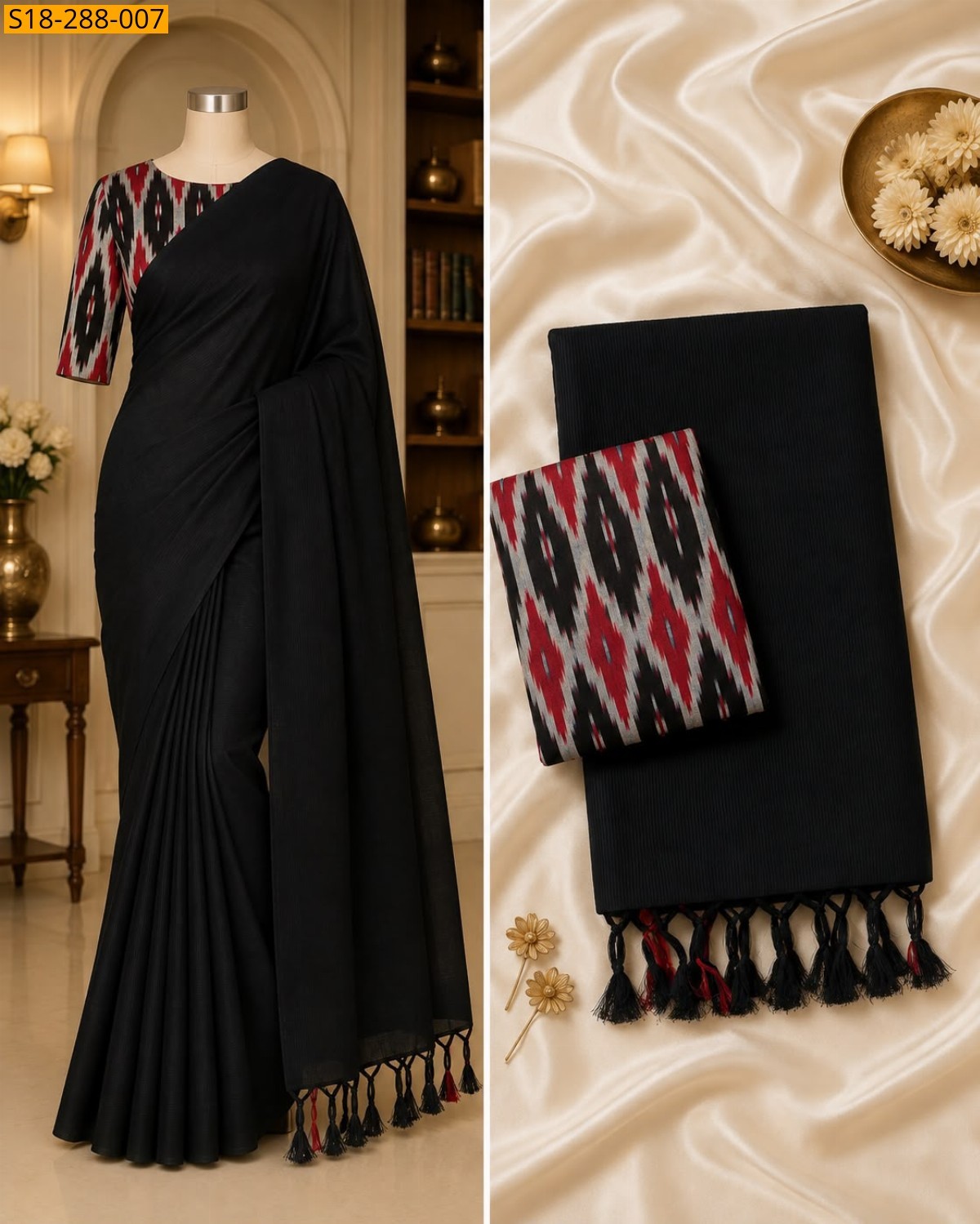 Black Fancy Khadi Cotton Saree