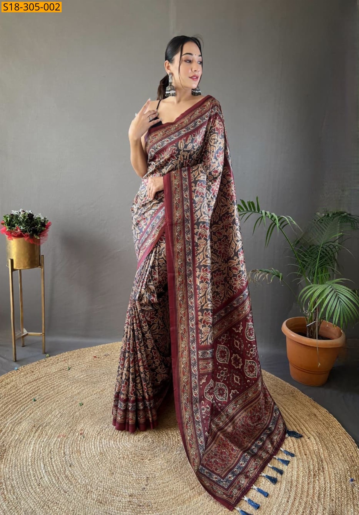 Brown Fancy semi silk digital printed sarees