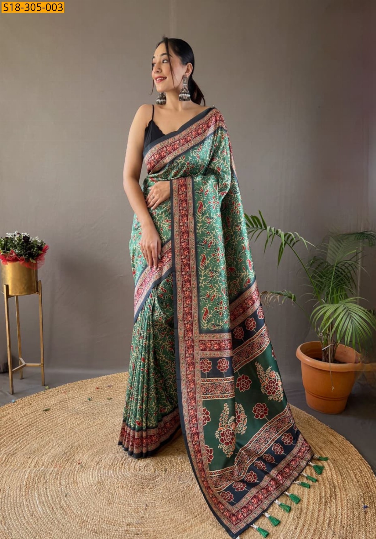 Green Fancy semi silk digital printed sarees