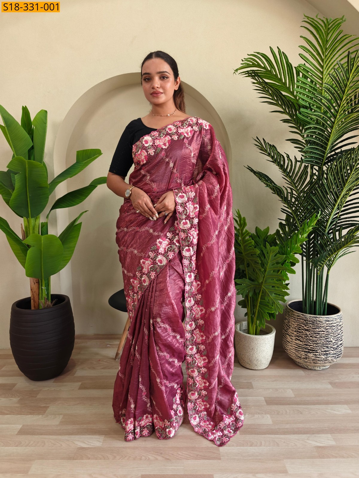 Pink Fancy crush silk fabric saree