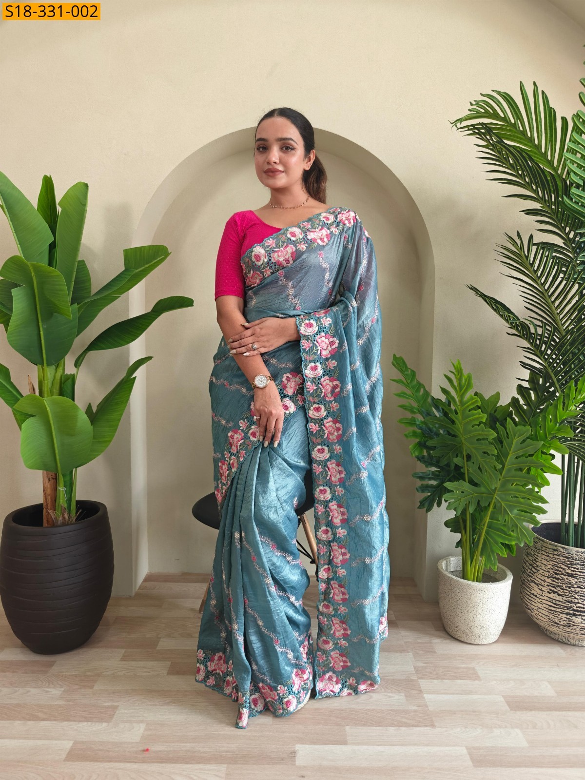 Blue Fancy crush silk fabric saree