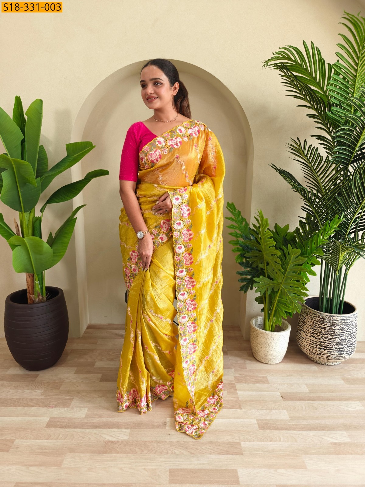 Yellow Fancy crush silk fabric saree