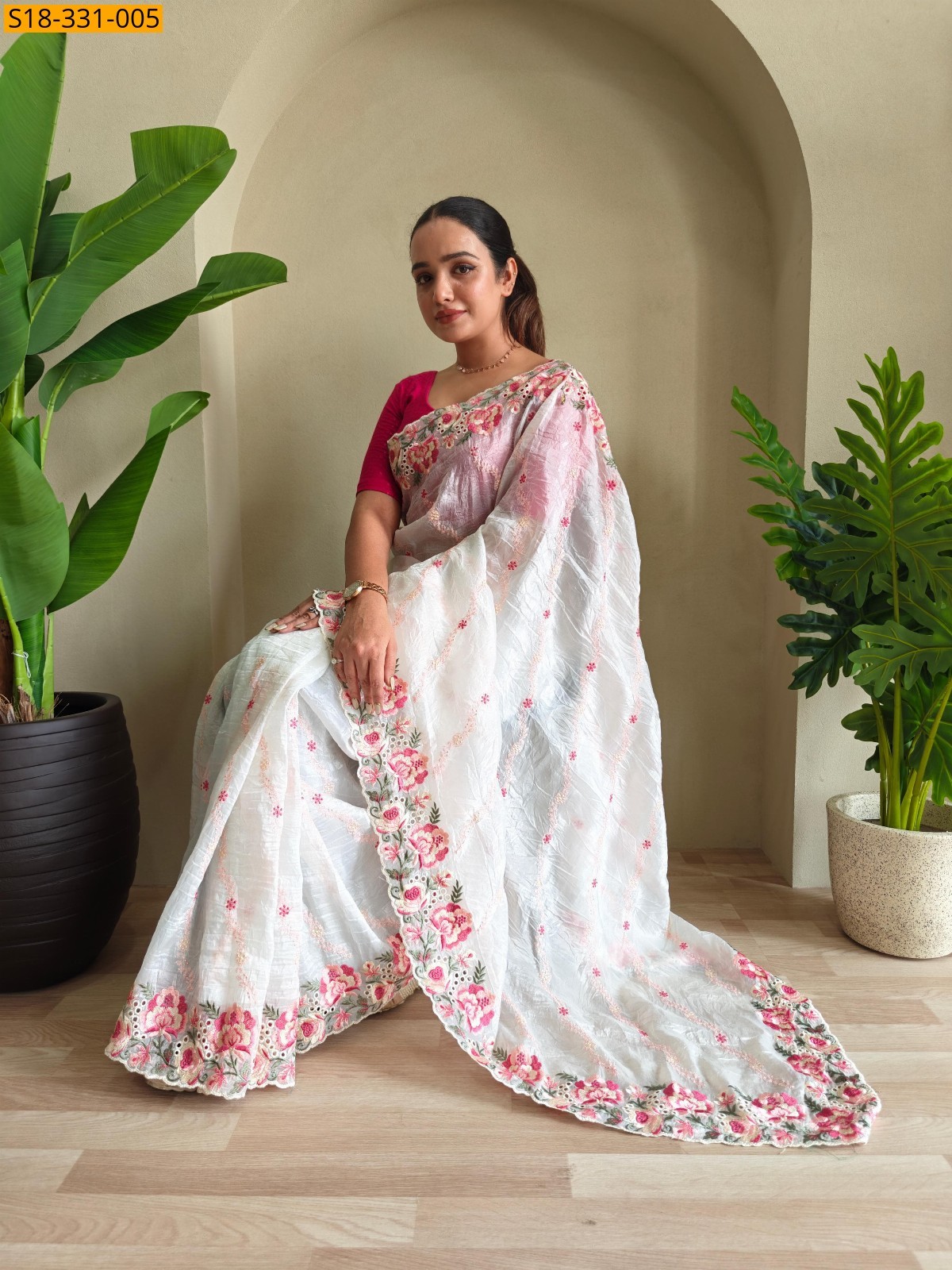 White Fancy crush silk fabric saree