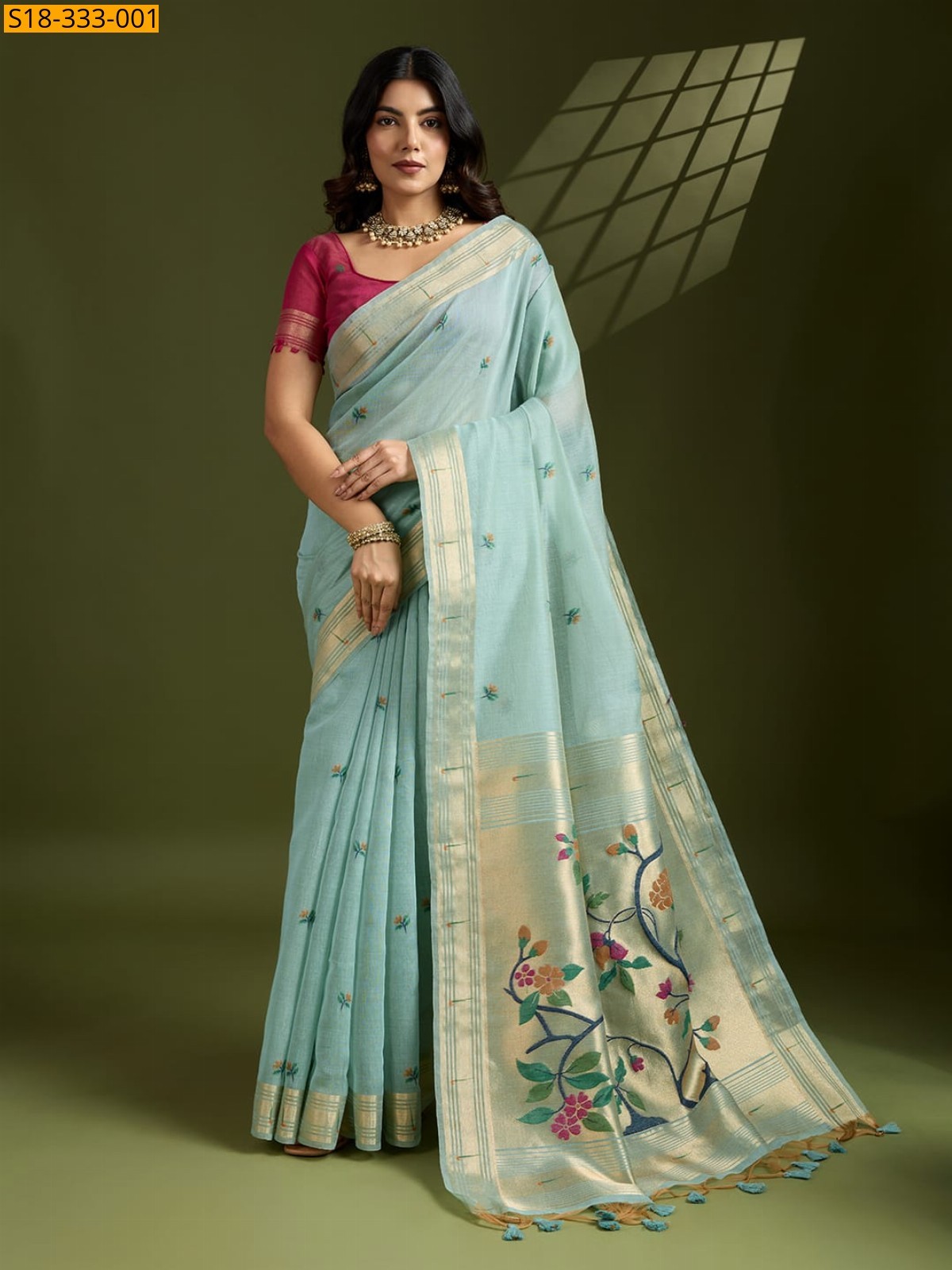 Sky Blue Soft muga cotton paithani saree