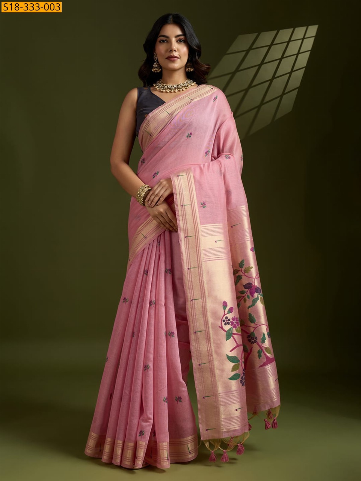 Pink Soft muga cotton paithani saree