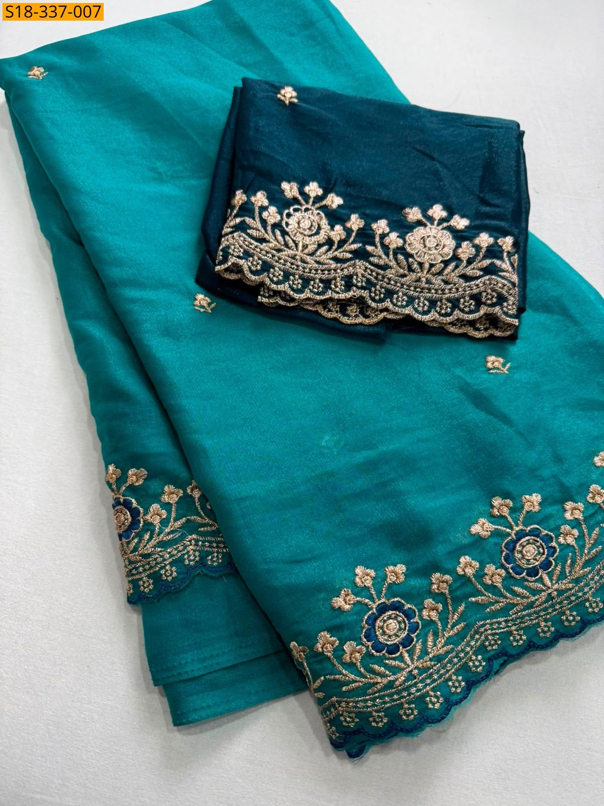Teal Blue Fancy Star Georgette Embroidery Saree