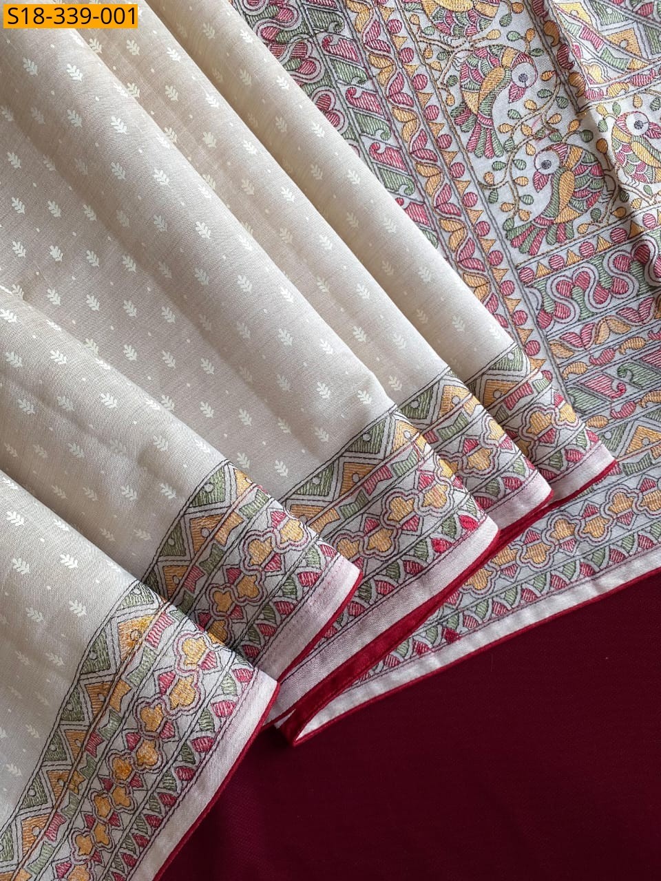 Half white Tussar silk madhubani embroidery sarees
