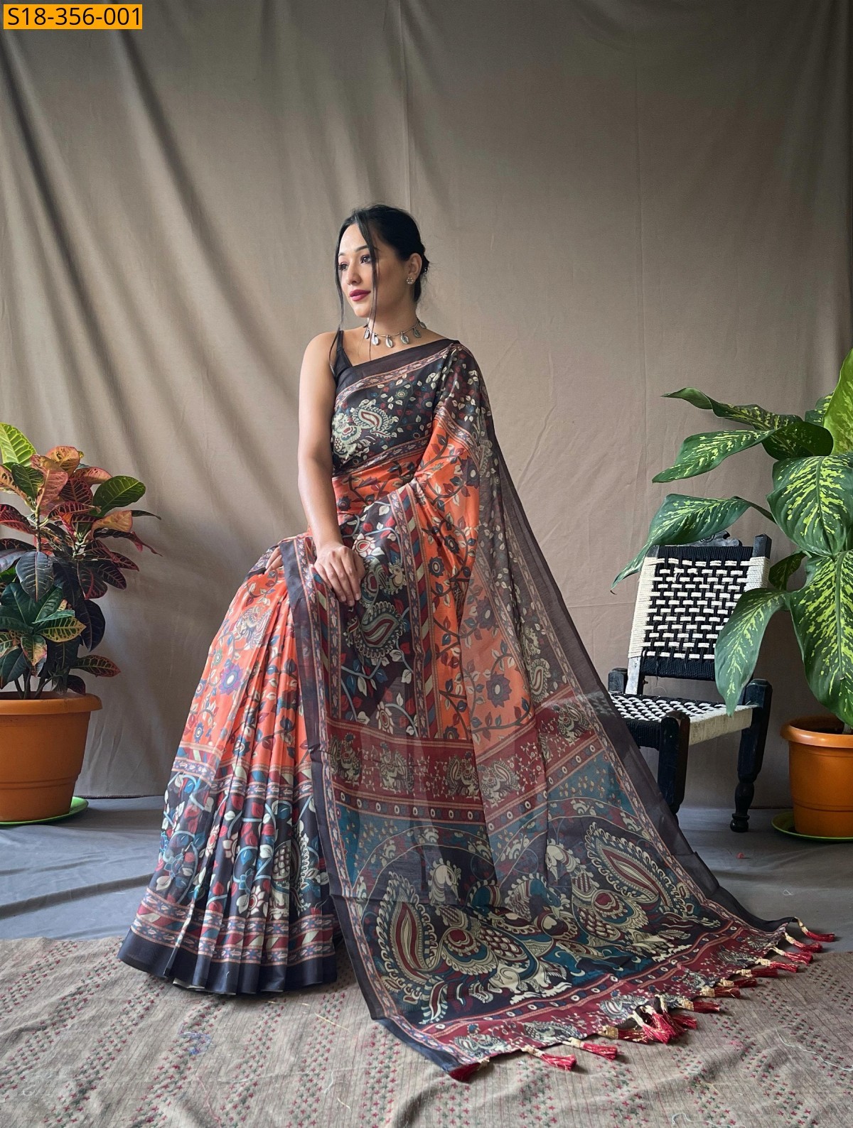 Orange Fancy cotton kalamkari sarees