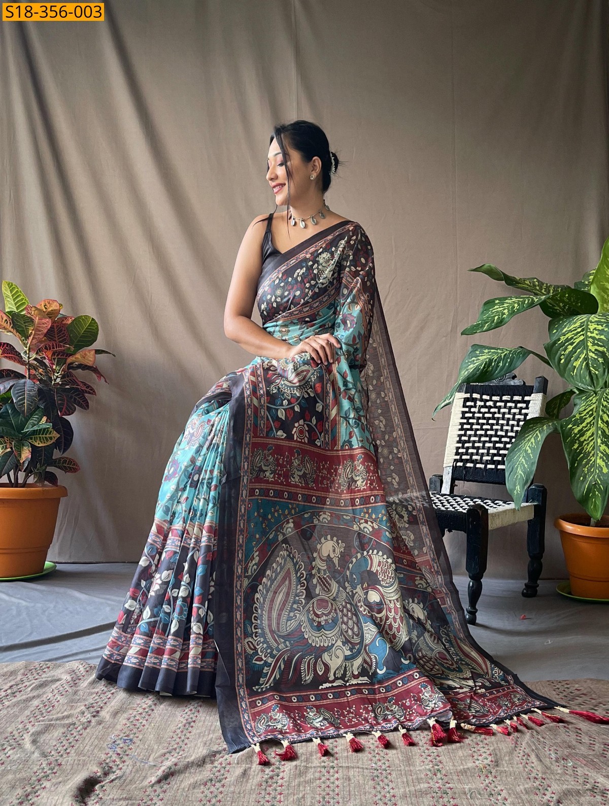Sky blue Fancy cotton kalamkari sarees